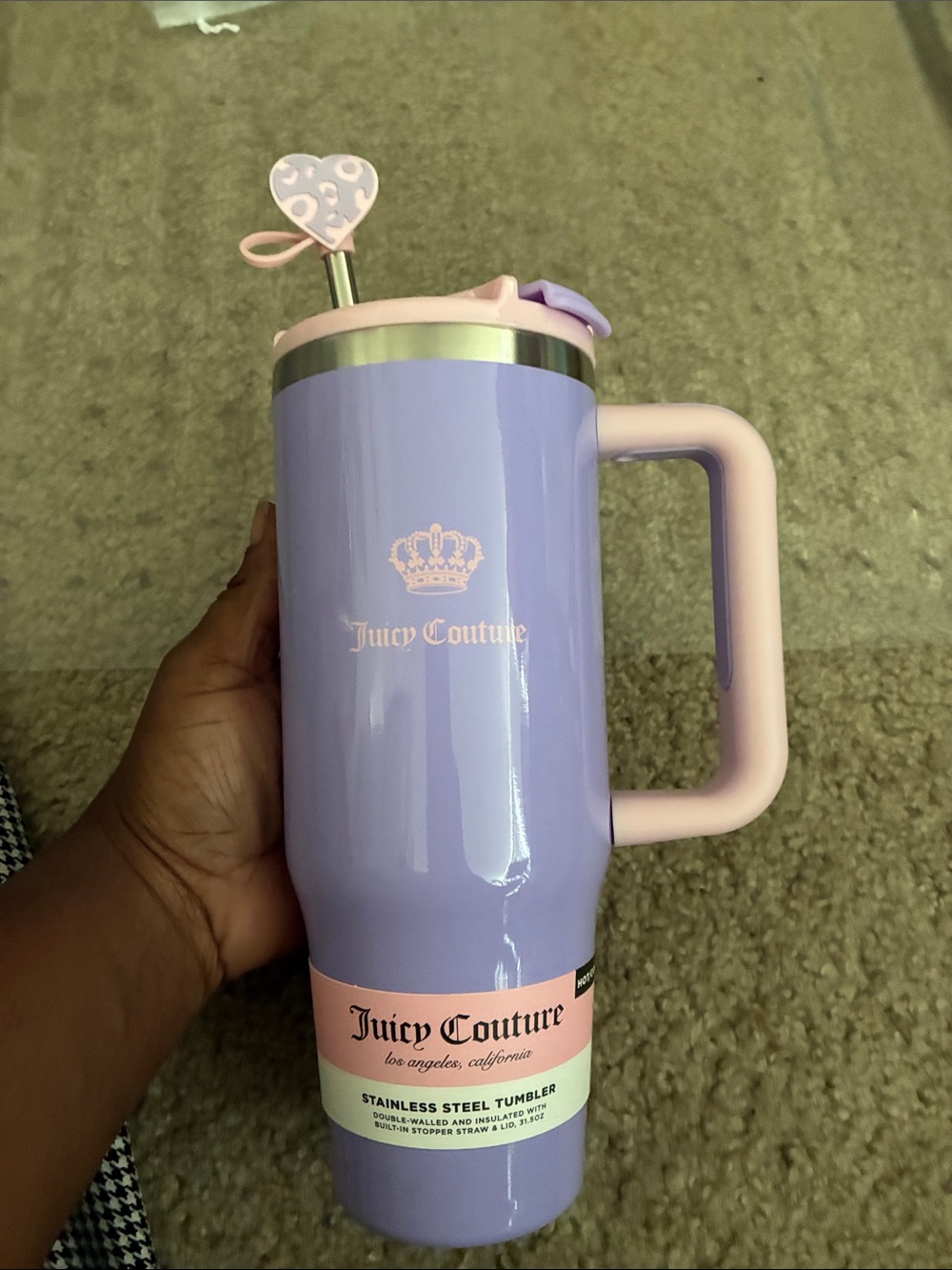 Juicy Couture Lavender and Pink Travel Tumbler with Heart Straw Topper